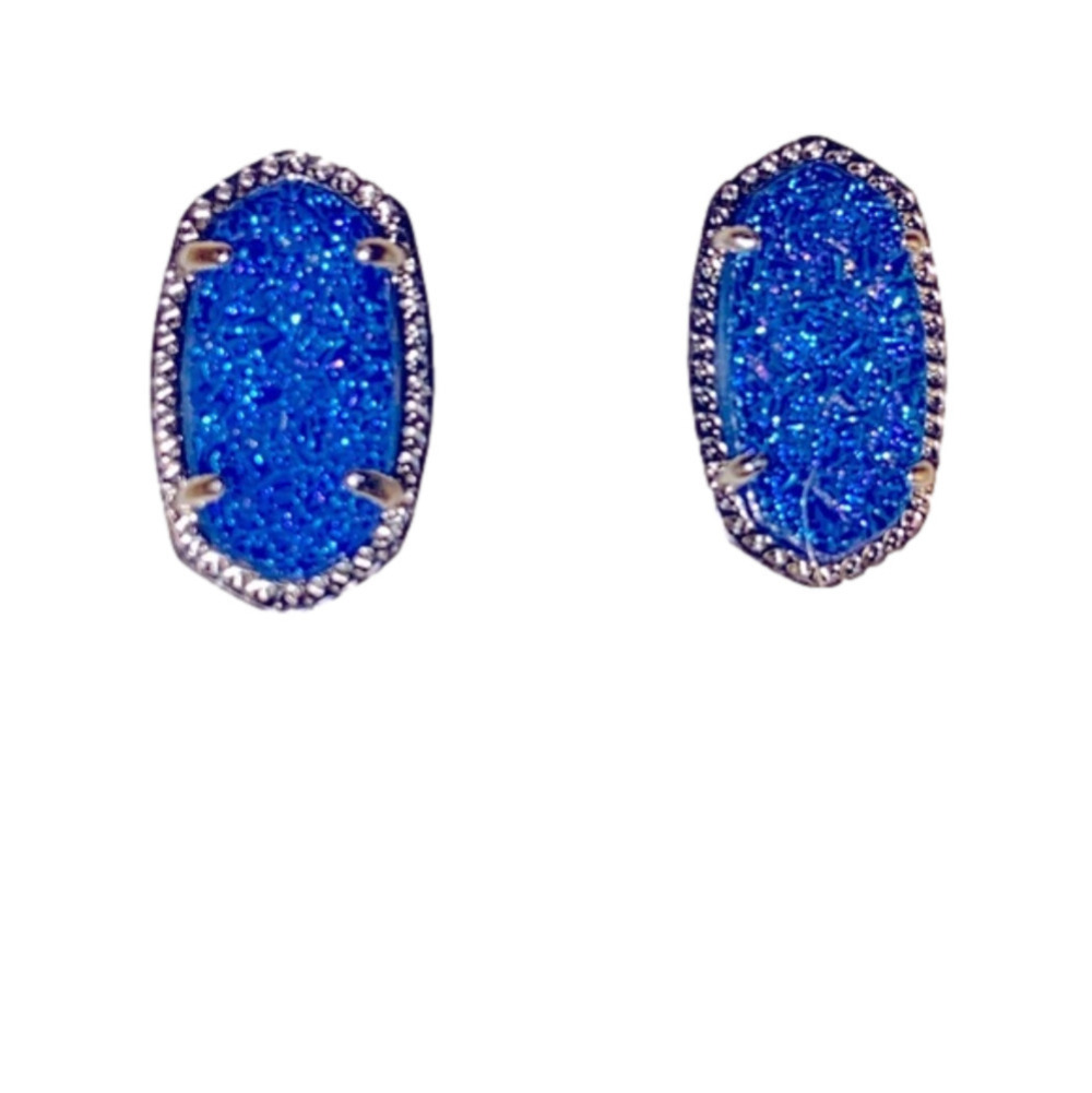 kendra Scott Ellie Silver Tone Stud Earrings Blue Drusy Druzy BNWOT